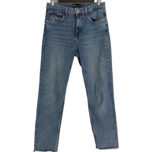 Zara Medium Wash straight leg High Rise cropped  Raw Hem Jeans size 30.